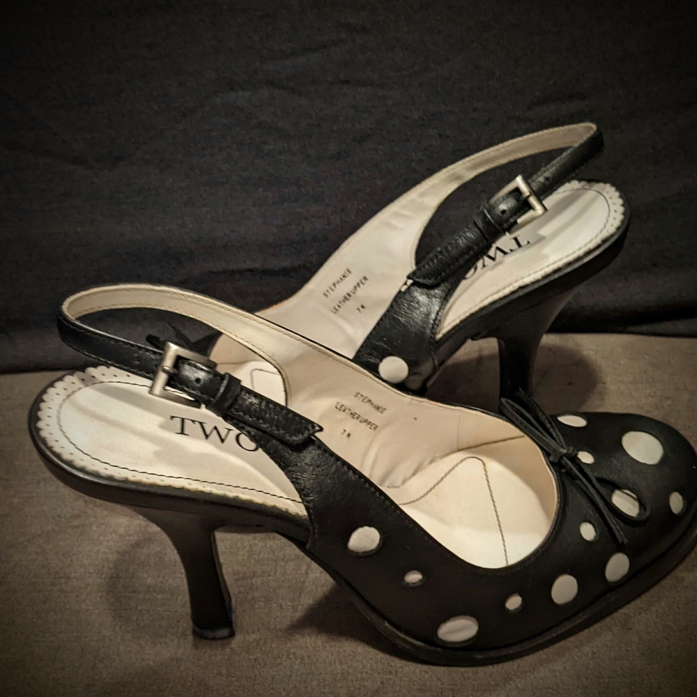 TWO LIPS Black White Polka Dot Slingback Heels